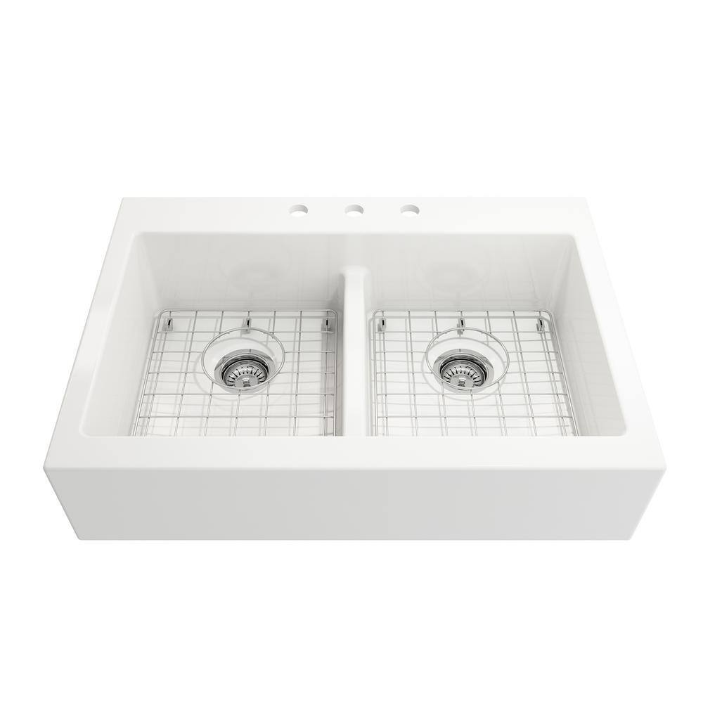 Glacier Bay Farmhouse Apron-Front Fireclay 34 in. 3-Hole Double Bowl Kitchen Sink in White with Bottom Grid 3ABRB-01-001