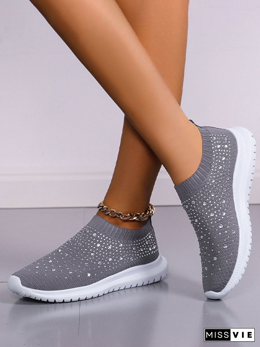 Rhinestone Design Portable Overfoot Lightweight Flyknit Sneakers