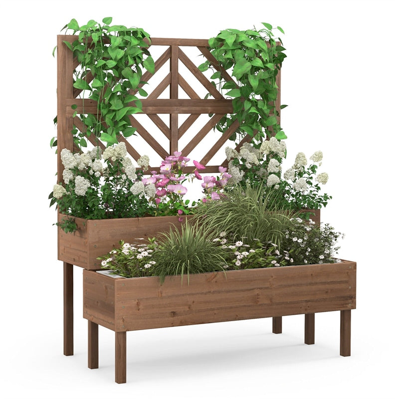 2-Tier Raised Garden Bed with Trellis Outdoor Wooden Elevated Planter Box for Vegetables