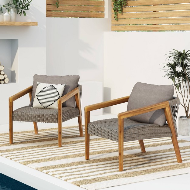 2pk Lochmere Outdoor Acacia Wood Club Chairs With Cushions Teak gray Christopher Knight Home