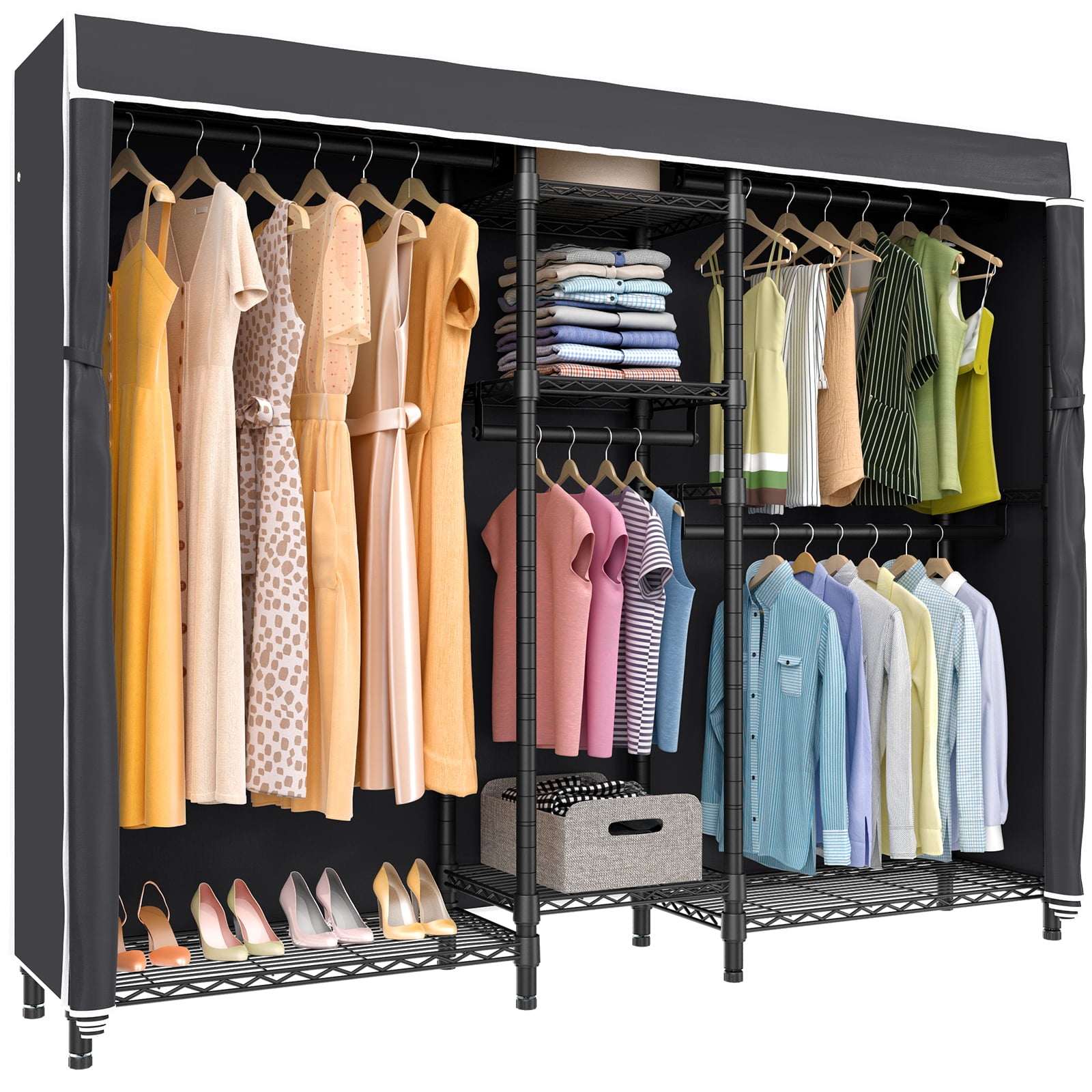 VIPEK V6C 5 Tiers Wire Garment Rack with Black Oxford Fabric Cover, 75.6" L x 18.5" W x 76.8" H, Max Load 780 LBS, Black