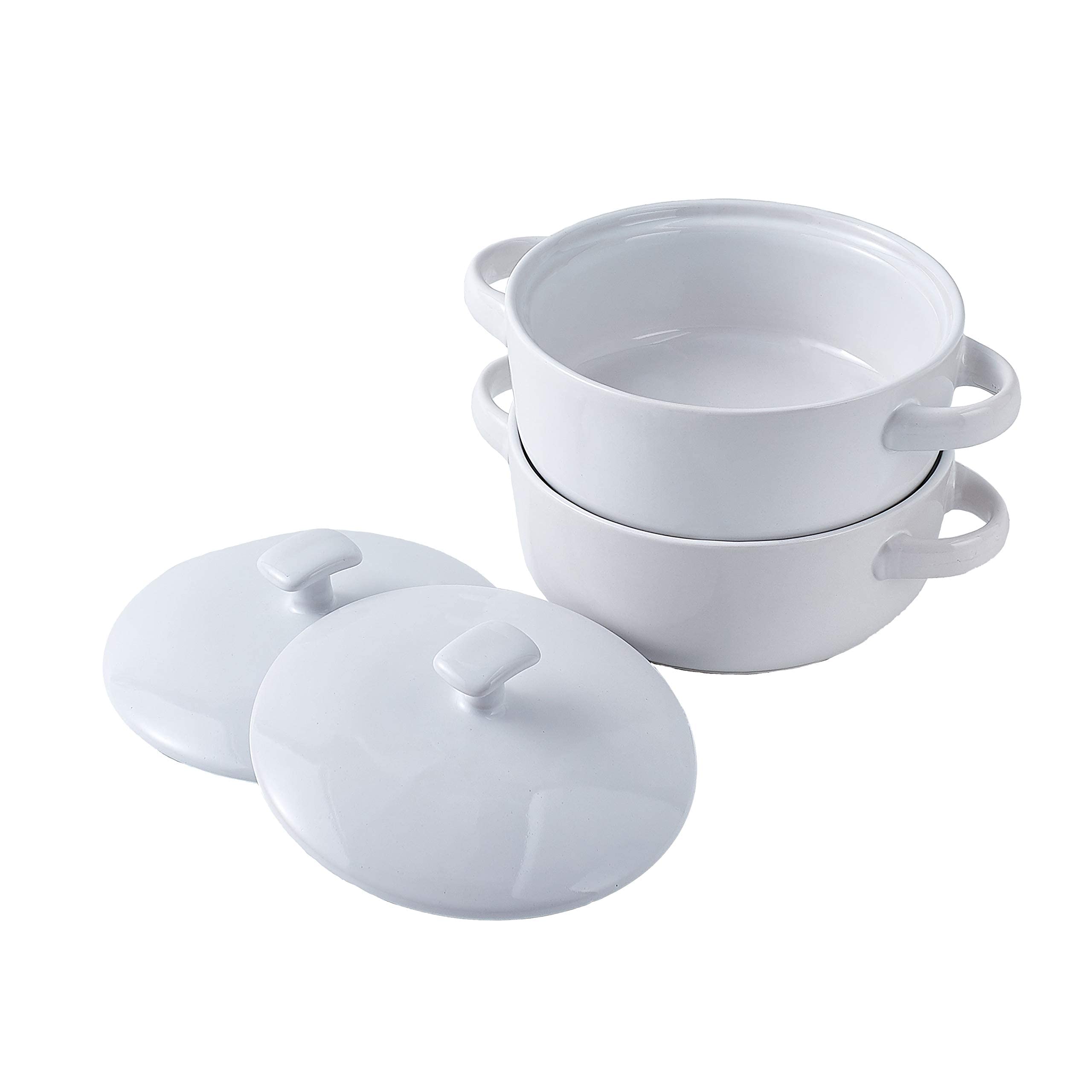 Bruntmor Bake and Serve Oven Safe Ceramic Soup Bowls With Handles and lids - 20oz Set of 2， For Soups， Stews and Cereal， White