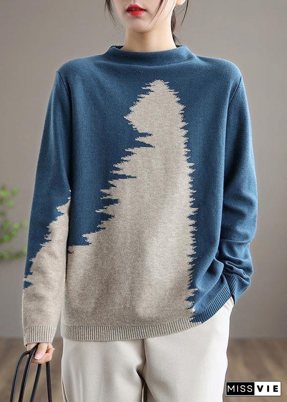 Aesthetic Blue Knitted Pullover O Neck Plus Size Knit Sweat Tops