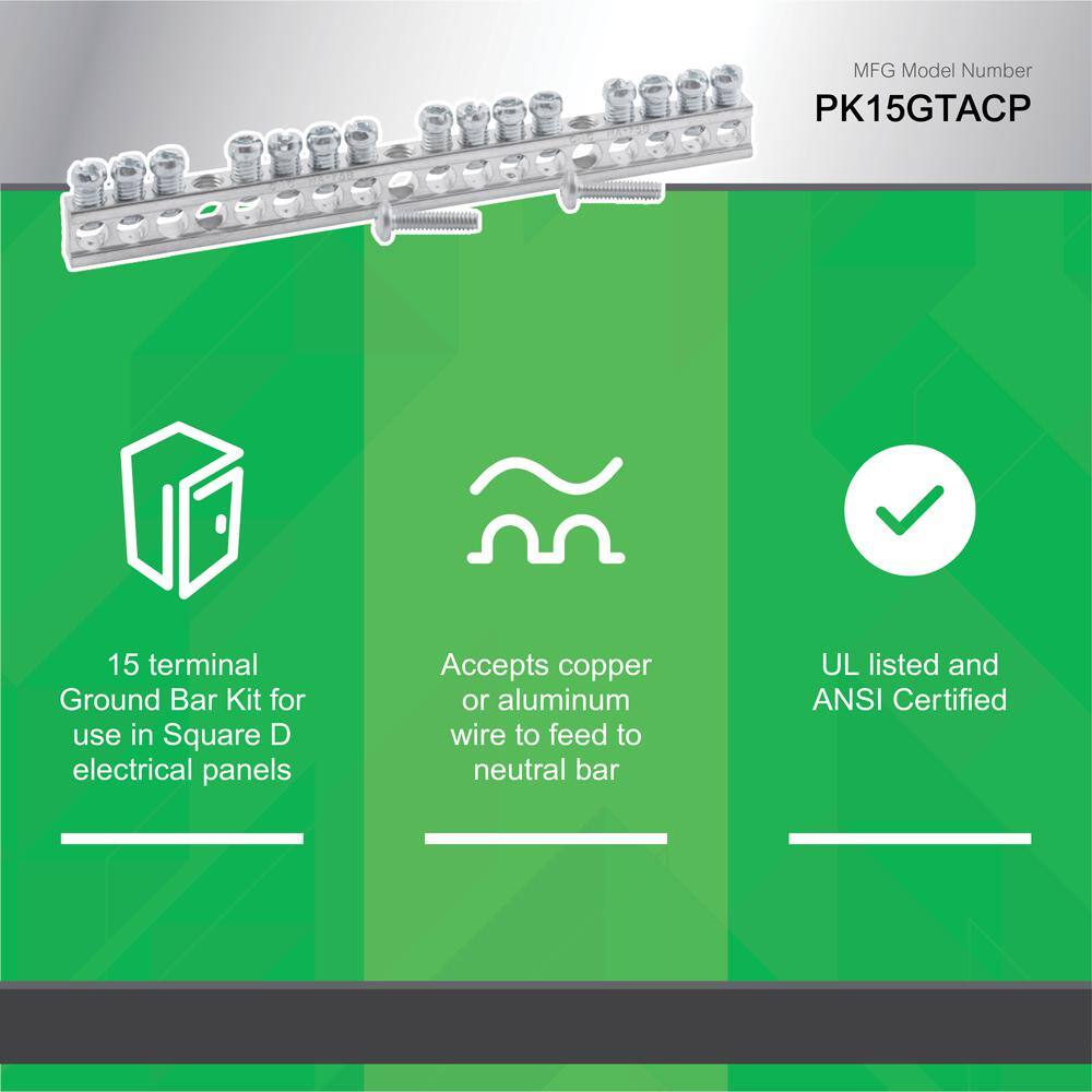 Square D 15 Terminal Ground Bar Kit for QOHomeline Electrical PanelLoad Center(PK15GTACP) PK15GTACP