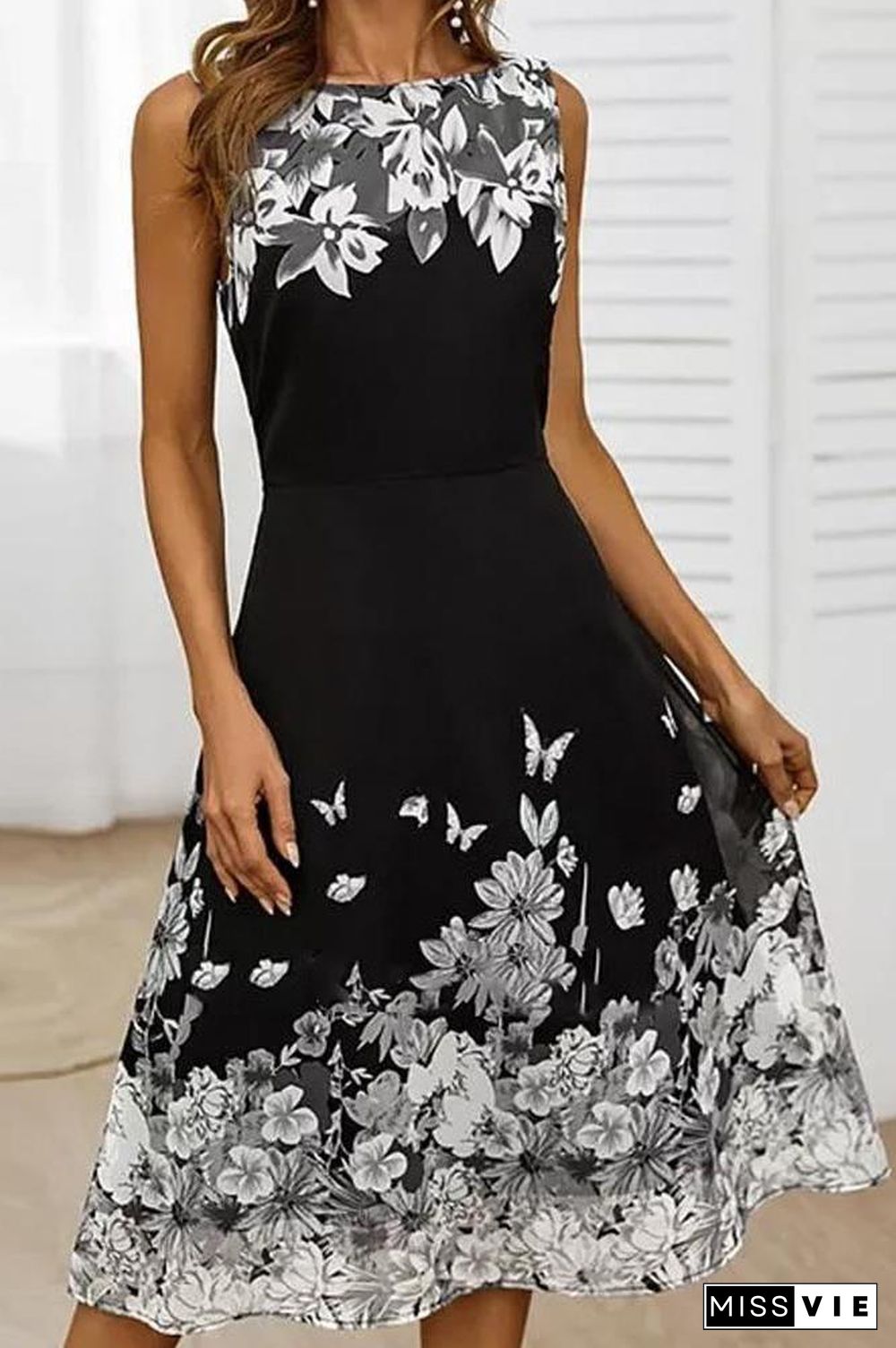 Butterfly Floral Print Sleeveless Dress