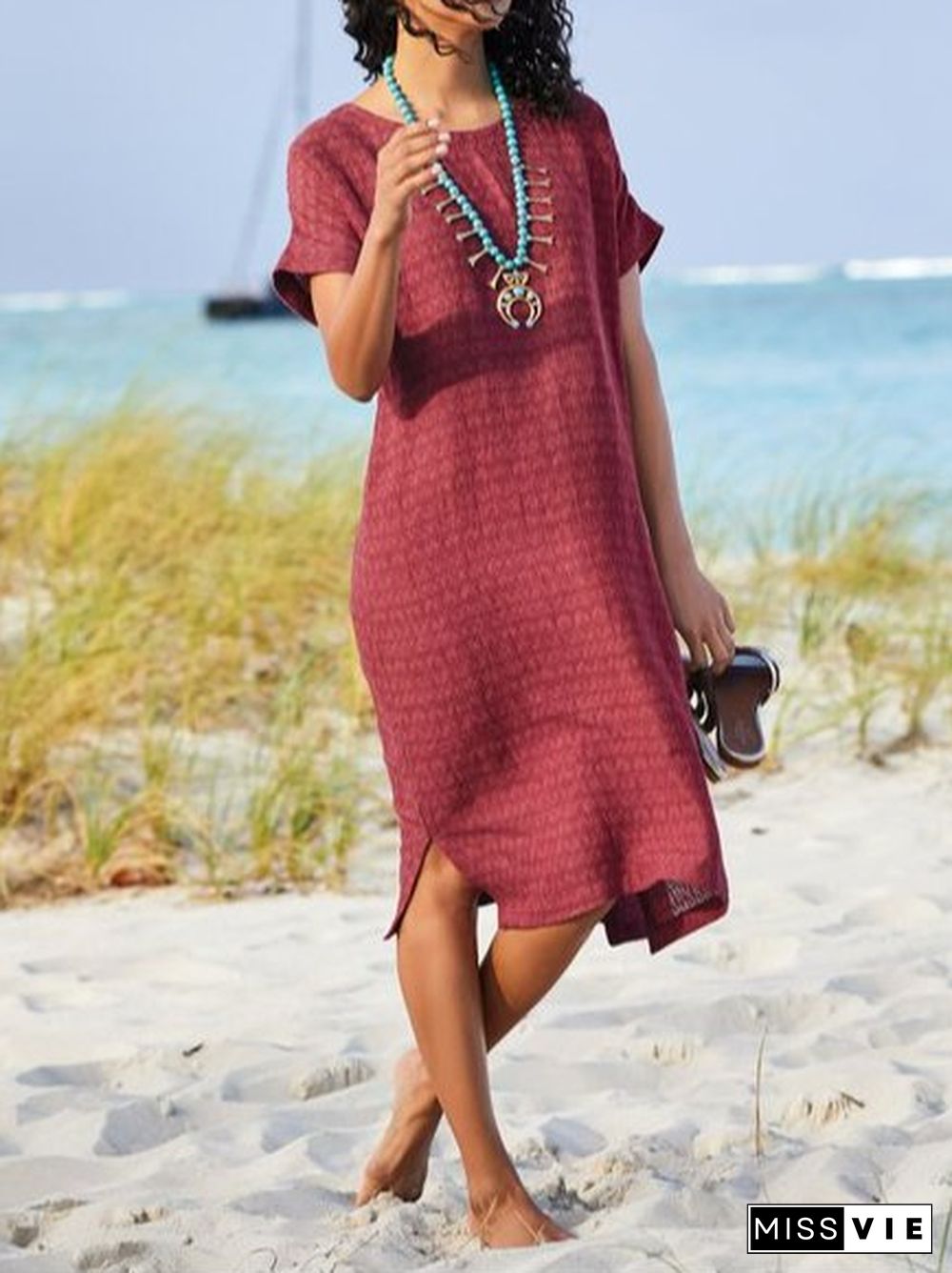 Shift Sweet Floral-Print Crew Neck Weaving Dress