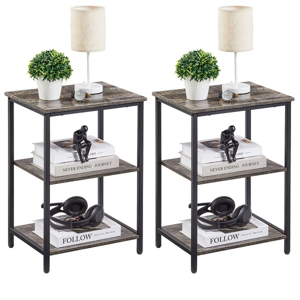 Set of 2 End Table With Wood Storage Shelf， 3-Tier Bedside Sofa Side End Table Storage Display Shelf