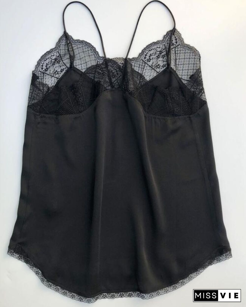 Summer Woman 100% Silk Black Camisole Lace Embroidered V Neck Thin Strappy Vest Top High Quality