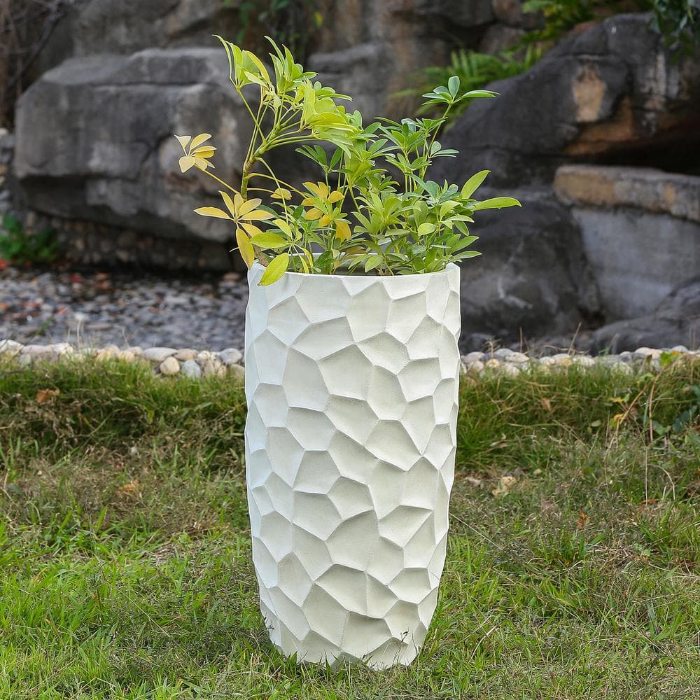 LuxenHome 12 in. W x 22 in. H White Geometric Pattern Round Clay Decorative Pot WHPL507