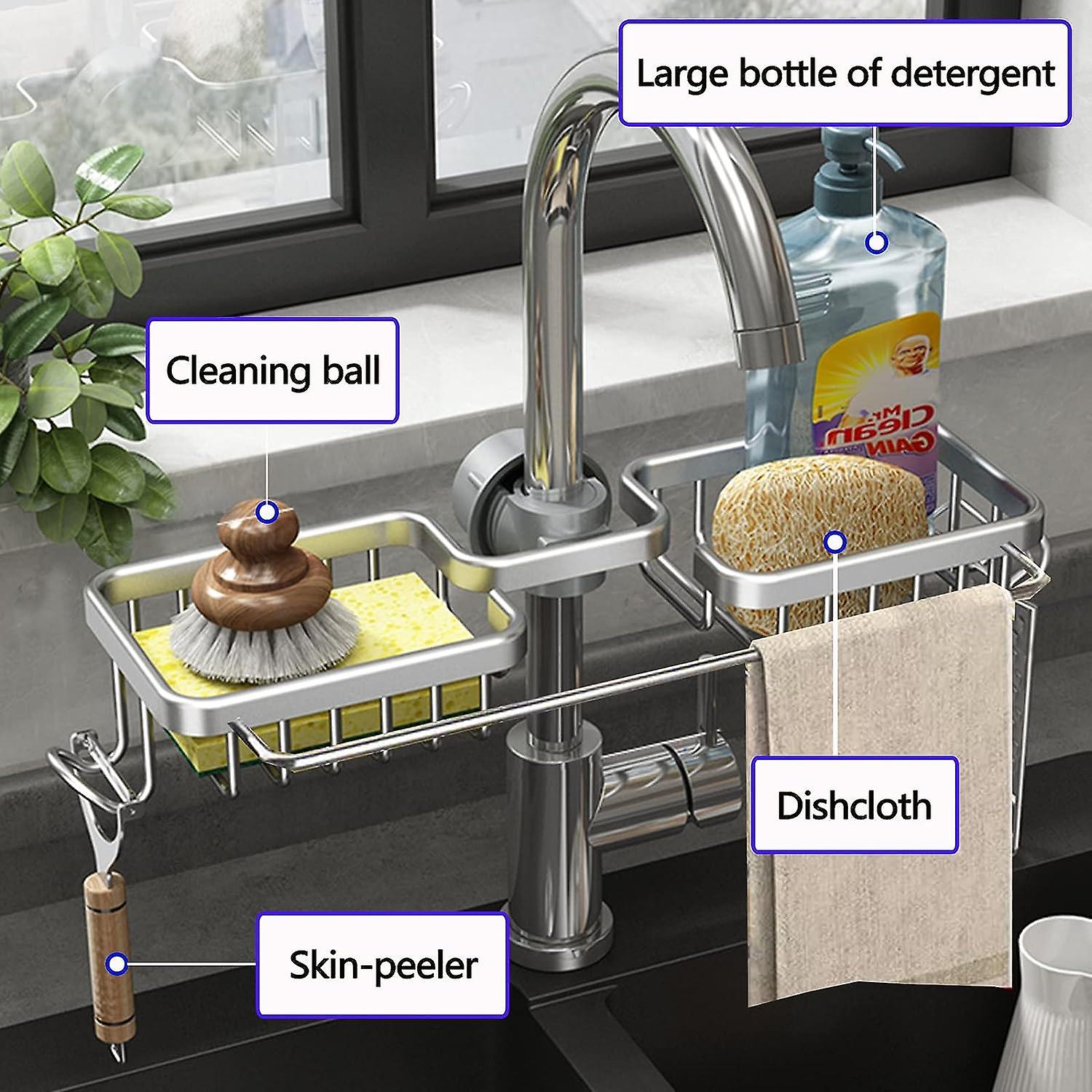 Sponge Holder For Kitchen Sink， Over The Sink Shelf Sponge Caddy， Stainless Detachable Faucet Drain Rack For Kitchen Sink Organizer And Storage， Bathr