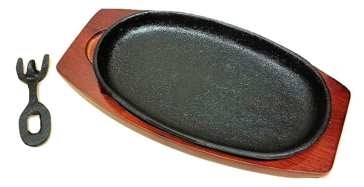 Cast Iron Steak and Fajita Platter Plate 9 x 5 1/2 w/ wooden holder and lifting handle