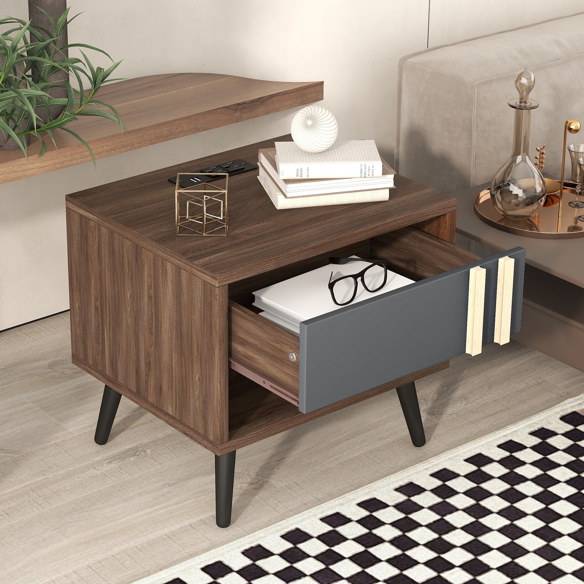 Wooden Nightstand with Usb Charging Ports， End Table for allway， Foyer， Den， Living Room，Gray+Walnut