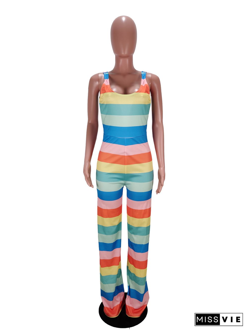 Colorful Stripe Sleeveless Long Jumpsuit