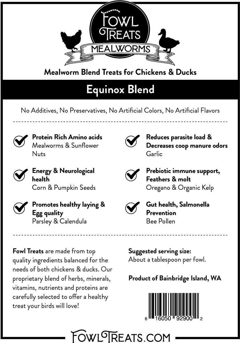 Fowl Treats Mealworm Blend Equinox Blend Chicken and Duck Treats， 2-lb bag