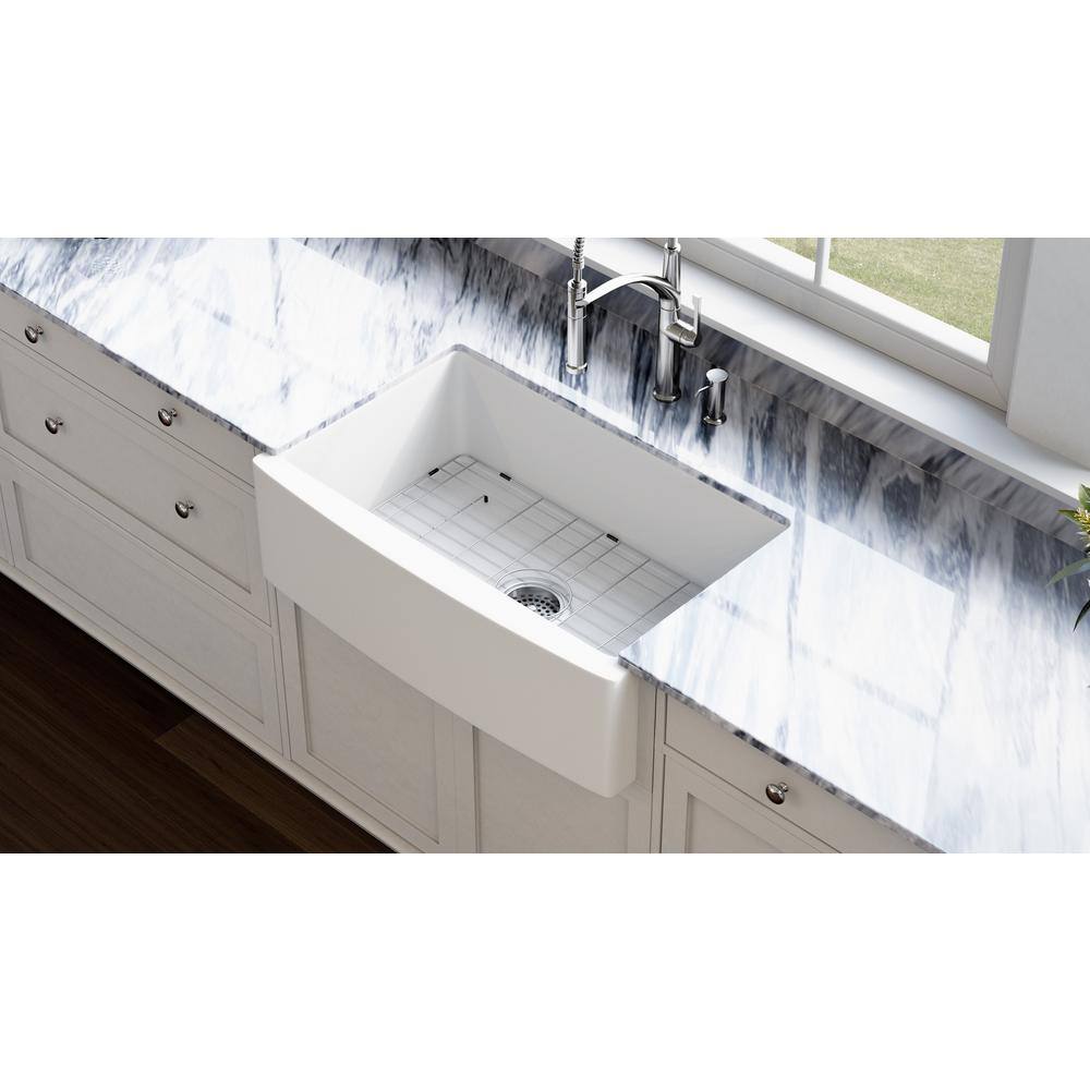 PELHAM  WHITE Kingsbridge Fireclay 32.5 in. Single Bowl Farmhouse Apron Kitchen Sink with Farmhouse Faucet Bottom Grid Drain PWS533-C