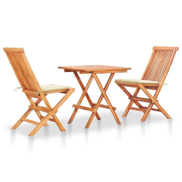 3 Piece Bistro Set with Cream Cushions Solid Teak Wood - Overstock - 35106207