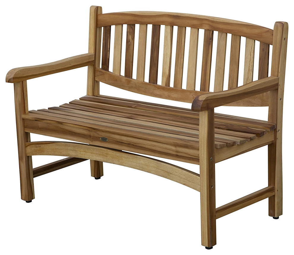 Outdoor Armed Bench  Solid Teak Wood With Slatted Open Backrest  Natural   Transitional   Outdoor Benches   by Decor Love  Houzz