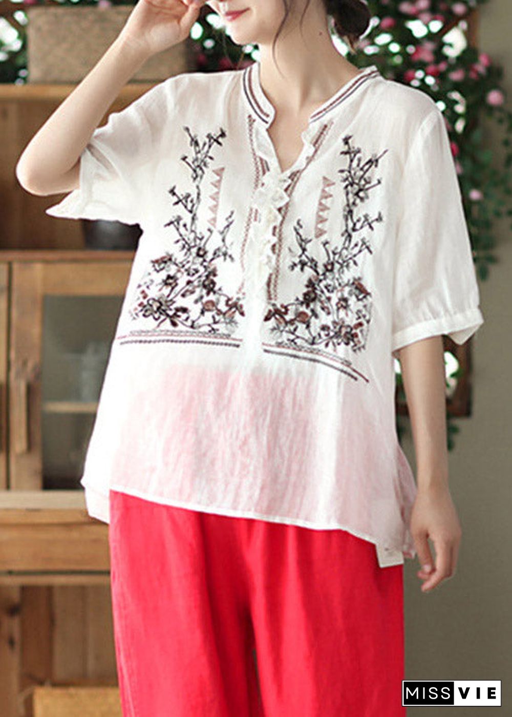 White Ruffled Button Linen T Shirt Short Sleeve