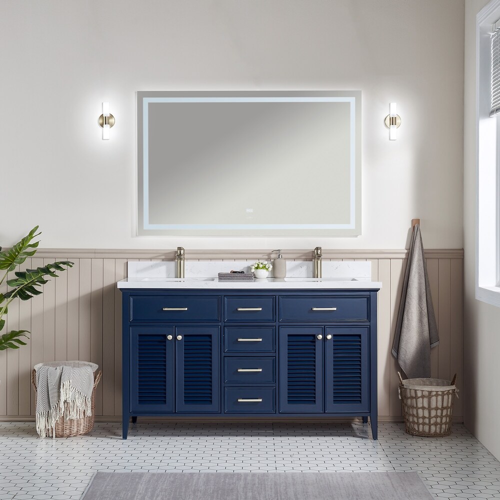 Barcelona 30 inch wood double sink vanity with marble and ceramic sink in Blue