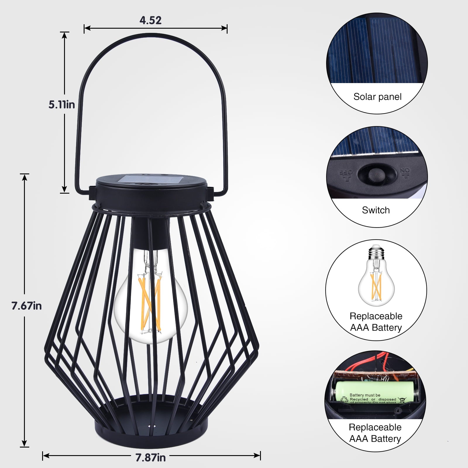 Metal Wire Cage Lantern Solar Powered Waterproof Black for Outdoor Garden Decor， Warm Light