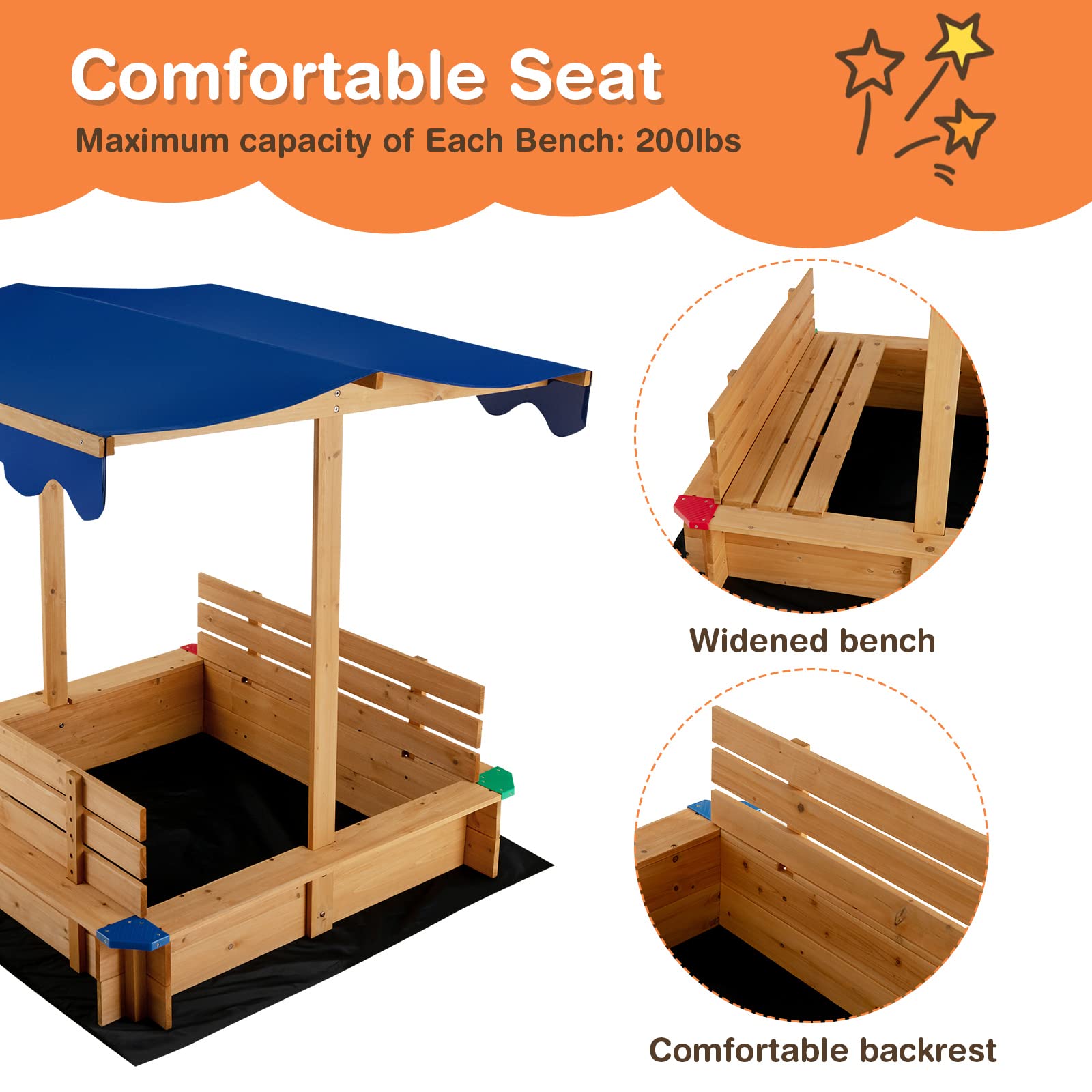 Costzon Kids Wooden Sandbox with Canopy, 2 Bench Seats w/ Backrest