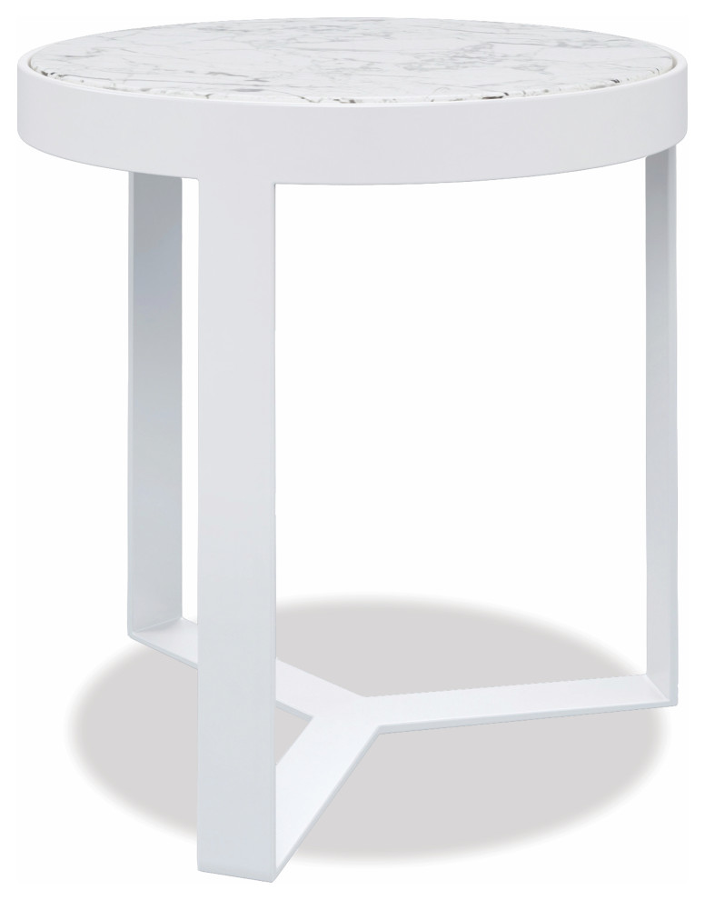 Contemporary 18 quotRound End Table  Frost Finish With Honed Cararra Top   Transitional   Outdoor Side Tables   by Sunset West Outdoor Furniture  Houzz