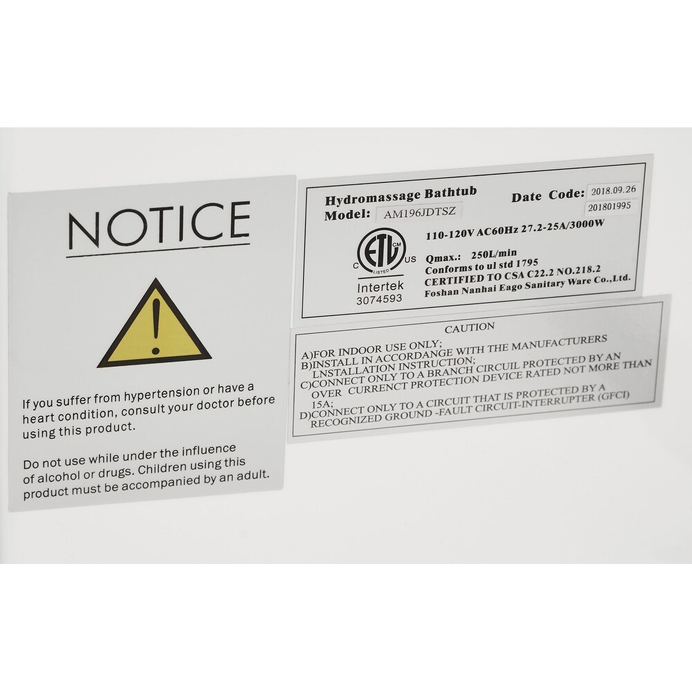 Eago AM196ETL 6 ft Clear Rectangular Acrylic Whirlpool Bathtub for Two