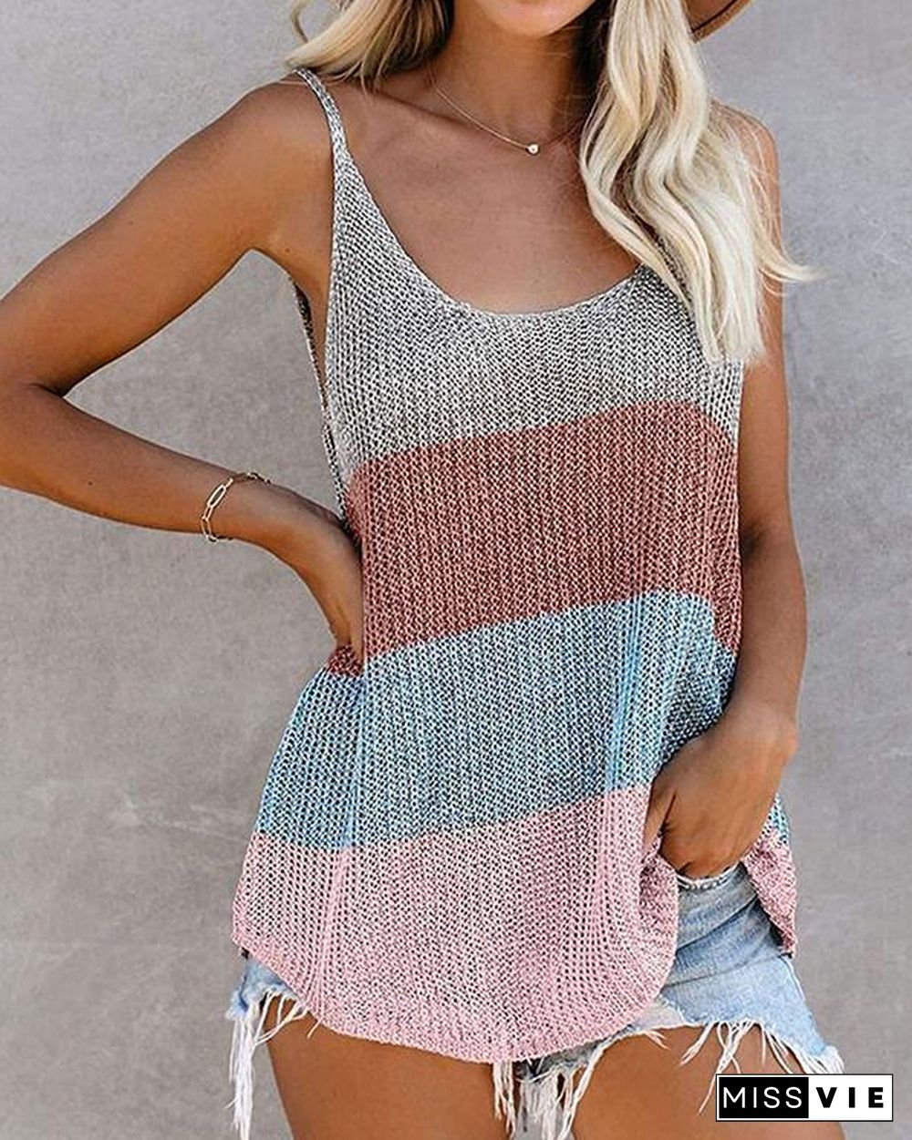 Knitted Spaghetti Holiday Sleeveless Ribbed Blouse