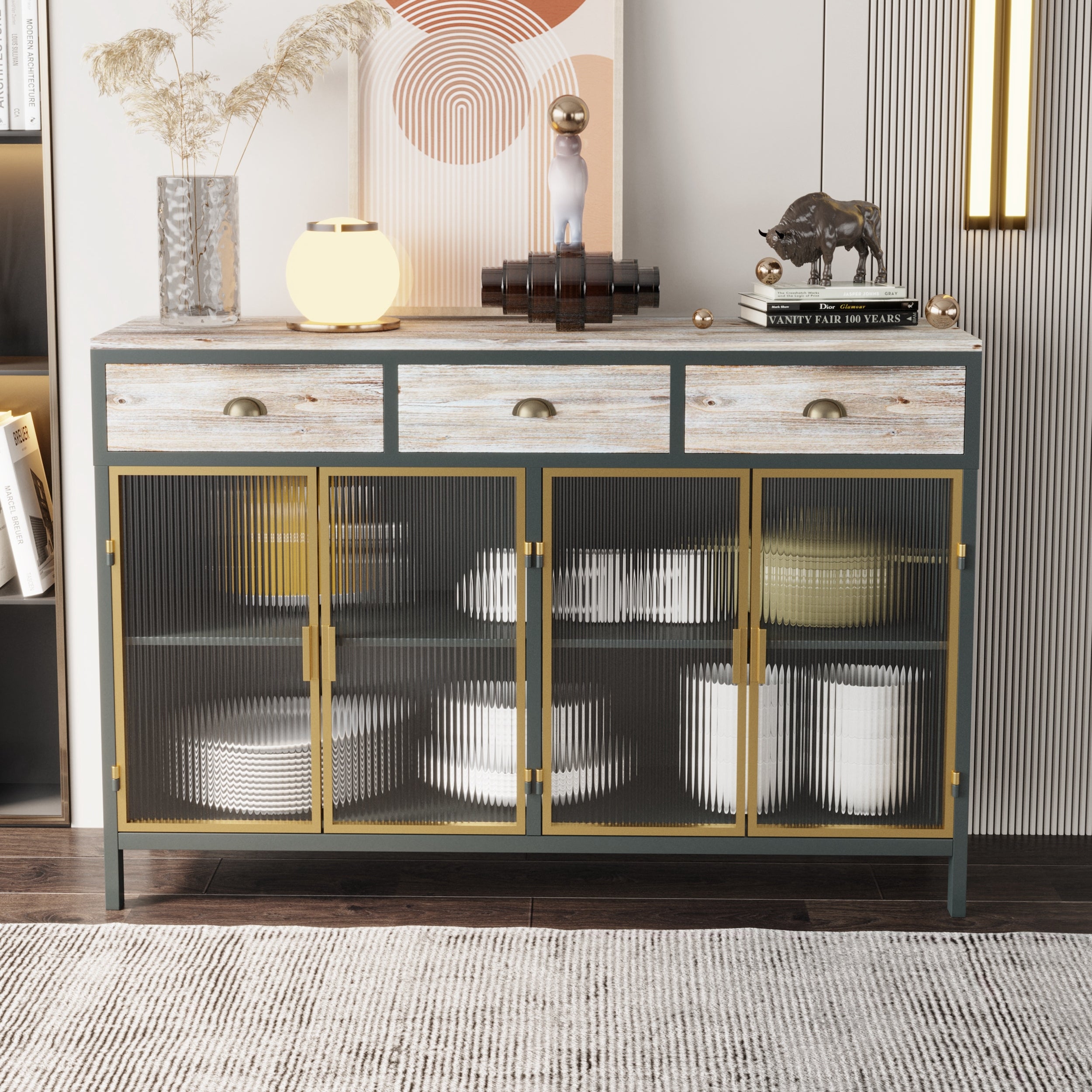 4 Glass Doors Modern Sideboard with 3 Top Drawers， Freestanding Sideboard Storage Cabinet Entryway Floor Cabinet for Living Room