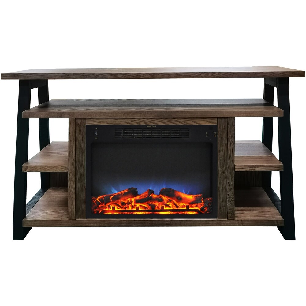 Hanover 32 In. Industrial Chic Electric Fireplace Heater with Enhanced Log Display and Remote Control  Walnut   32 Inch