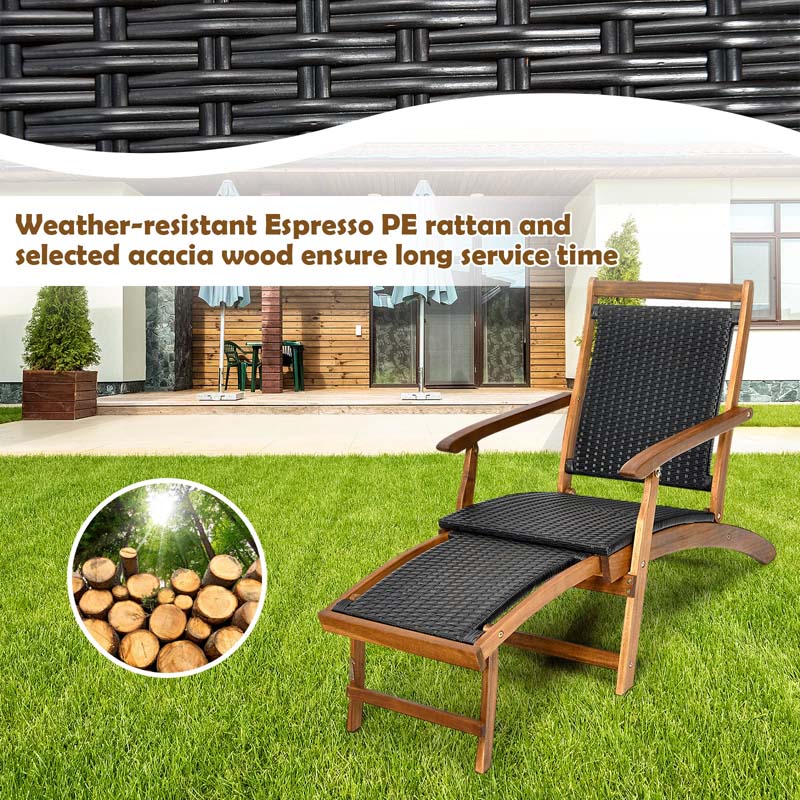 2 Pcs Acacia Wood Folding Chaise Lounge Chair Outdoor Foldable Deck Chair, Portable Wicker Lounger with Retractable Footrest