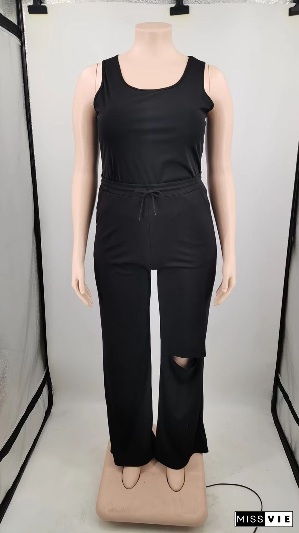 Solid Color Vest Hole Wide Leg Pants Two-piece Set