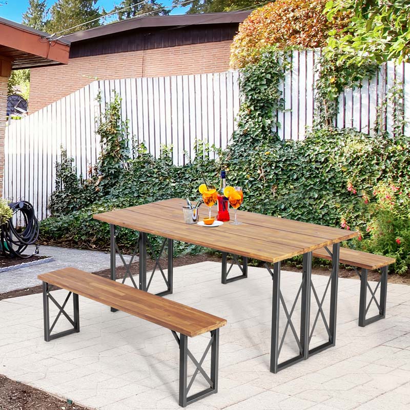 3 Pcs Acacia Wood Outdoor Picnic Table Bench Set with 2