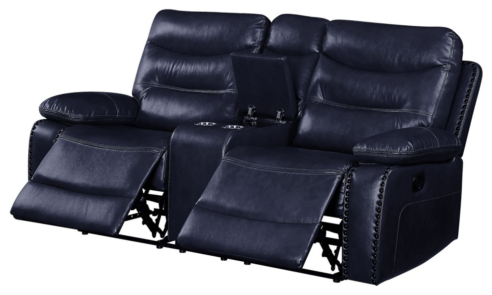 Benzara BM251076 Motion Loveseat  Leather Upholstery and Tufted Seat  Navy Blue   Transitional   Loveseats   by Uber Bazaar  Houzz