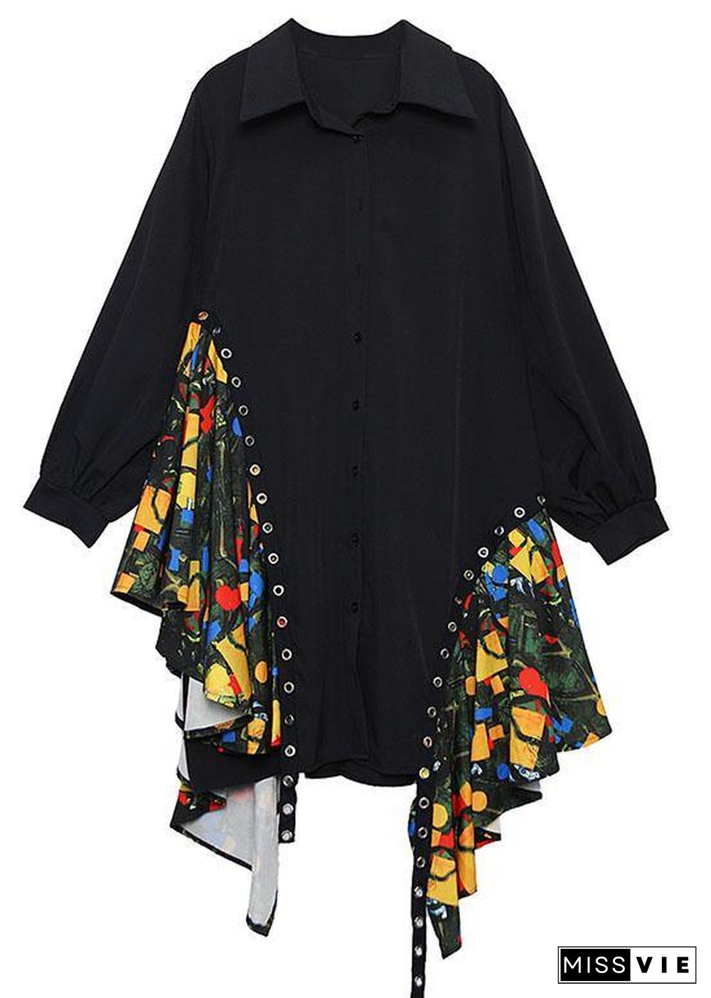 Beautiful black Cotton dress side patchwork Plus Size fall shirt Dress