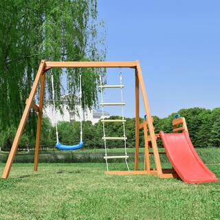 Outdoor Wooden Swing Set with Slide LMM00062Q