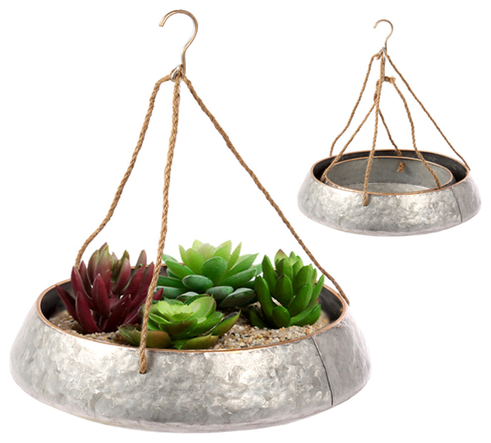 Galvanized Metal Hanging Planters  2 Piece Set  11 quotx4.5 quot  Industrial Silver   Beach Style   Outdoor Pots And Planters   by CTG Brands Inc.  Houzz