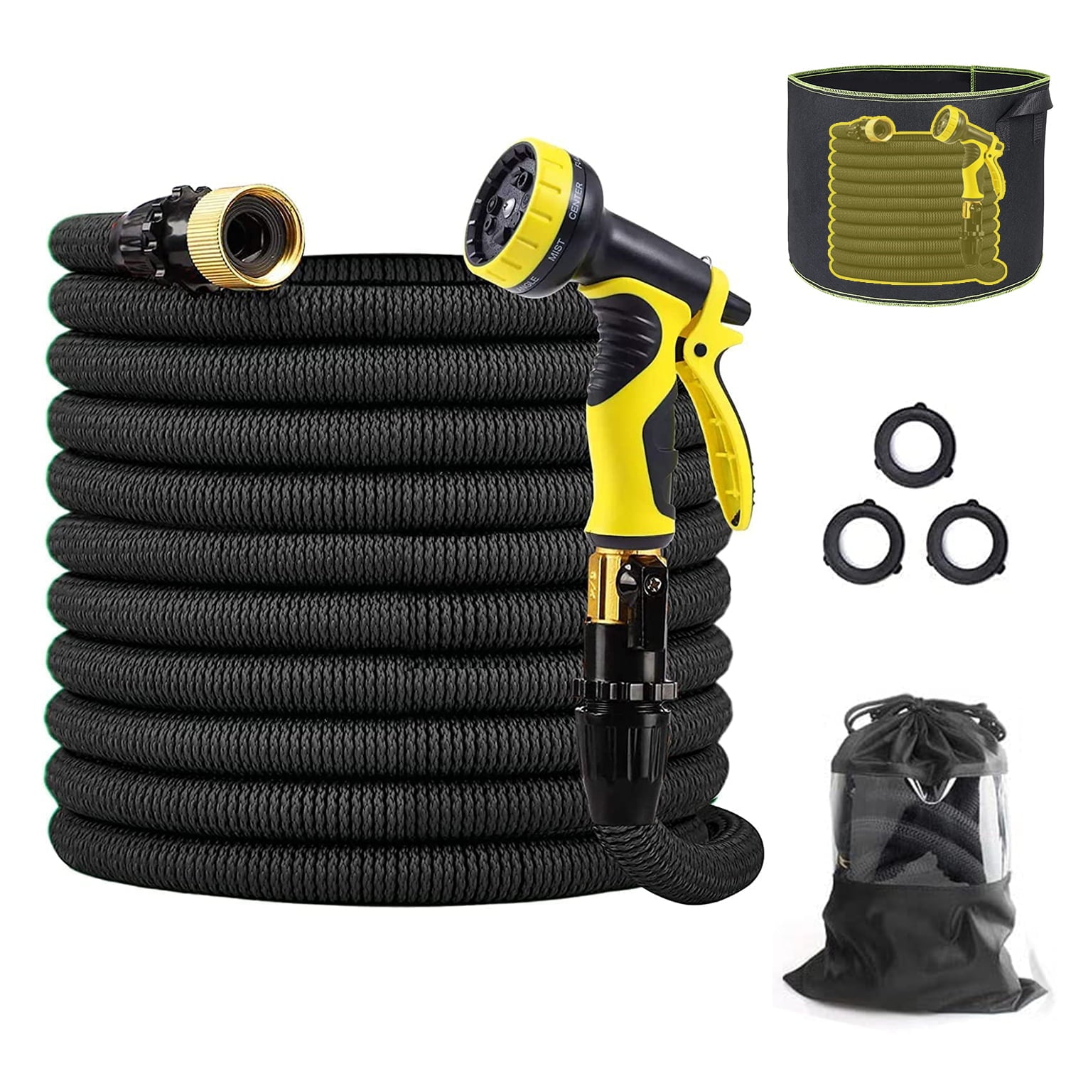 100 FT Garden Expandable Hose with 10-Function Spray Nozzle Potable Car Wash Tool Extra Strength Fabric Cover w. 3/4” Heavy Duty Brass Valve with Grow Bag