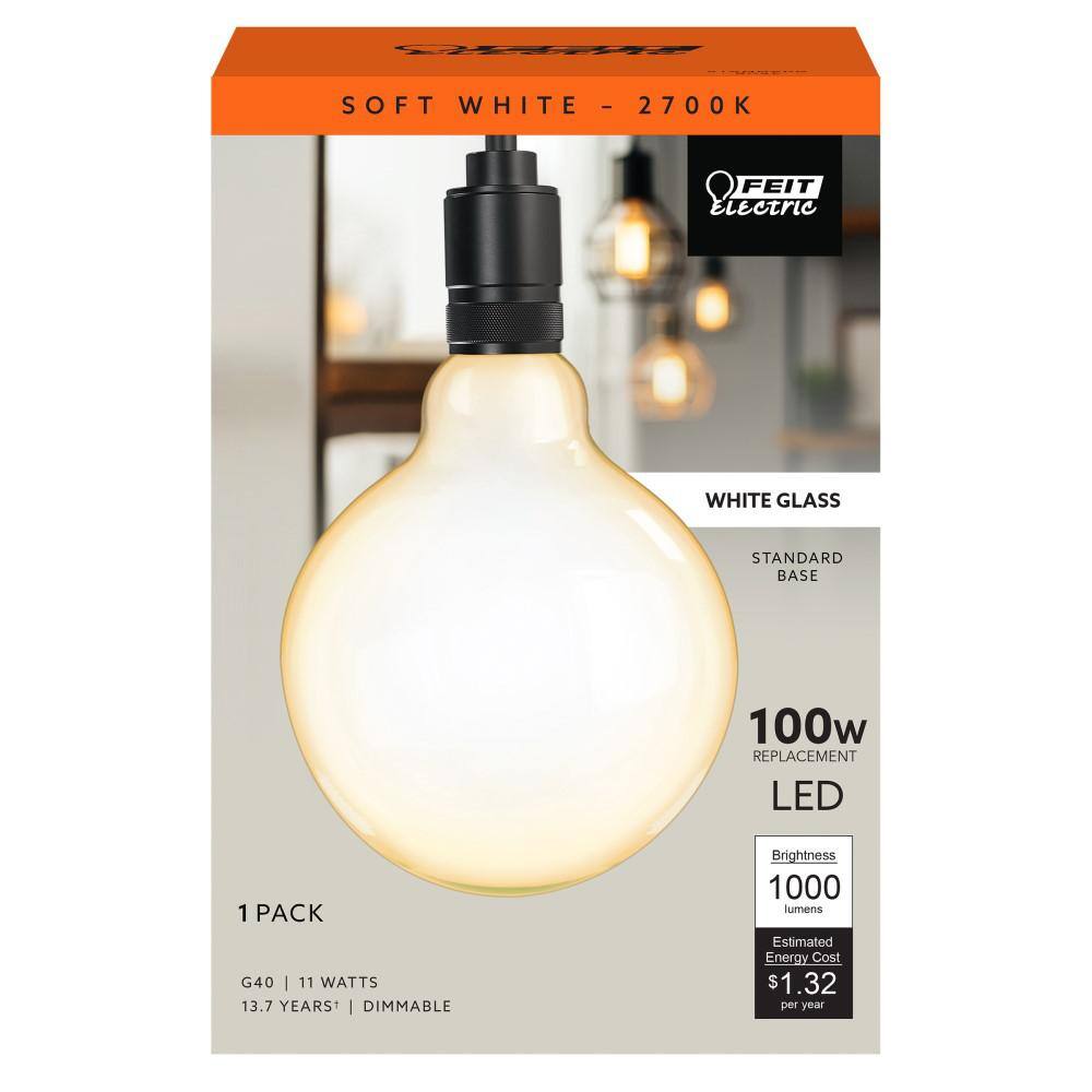 Feit Electric 100-Watt Equivalent G40 Dimmable Straight Filament White Glass E26 LED Vintage Edison Light Bulb Soft White G40100W927CAFIL