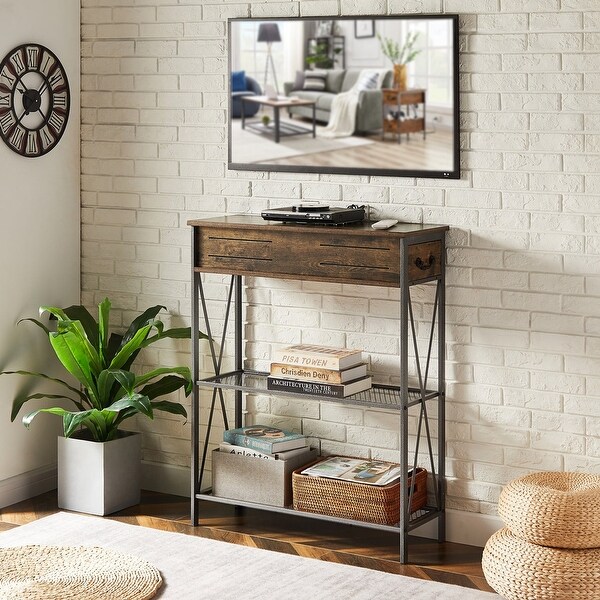 Modern Narrow Console Table with 2 Dual Drawer and Shelves， Brown