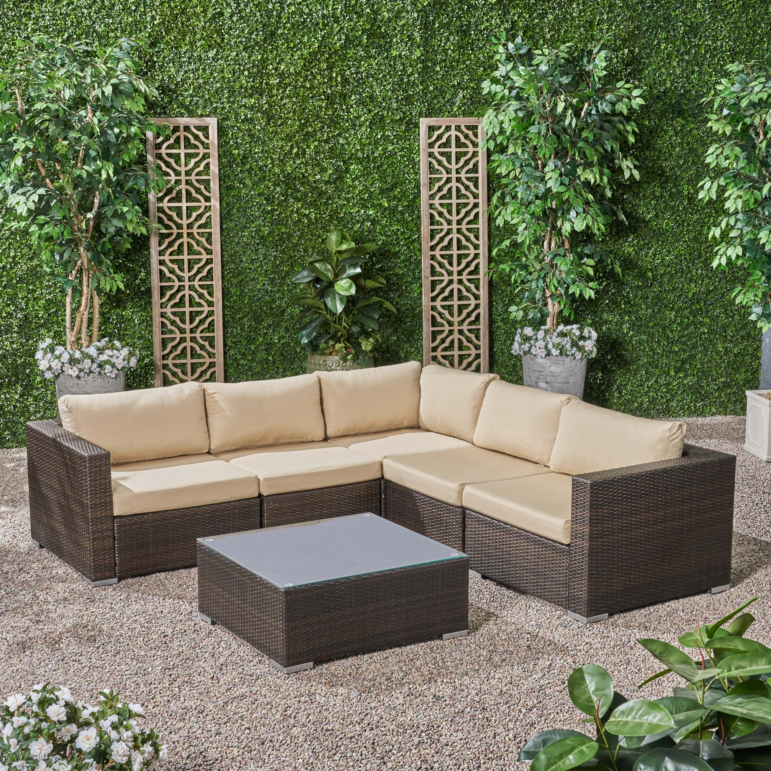 Kyra Outdoor 5 Seater Wicker Sectional Sofa Set with Sunbrella Cushions