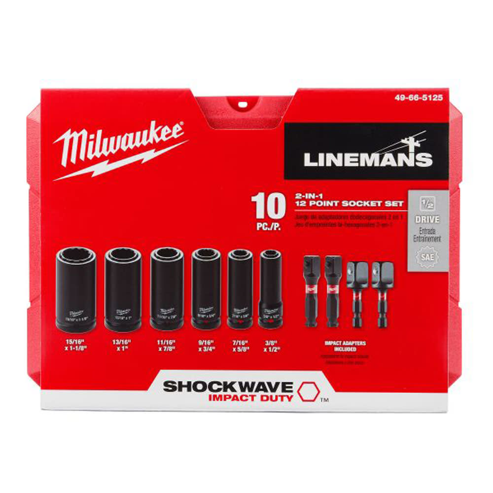 Milwaukee Shockwave Lineman's 10PC 2-IN-1 12PT Socket Set 49-66-5125 from Milwaukee