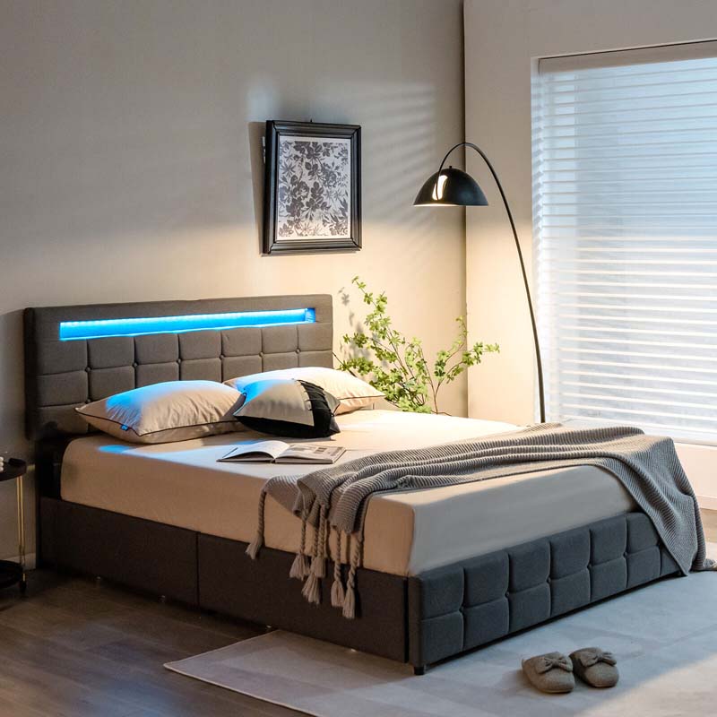 LED Upholstered Queen Bed Frame with 4 Drawers & USB Ports, Adjustable Tufted Headboard Platform Bed Frame