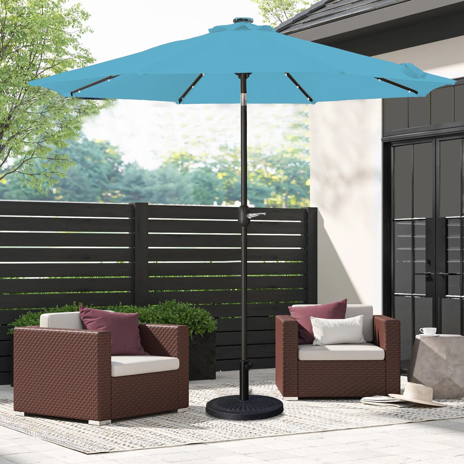 9Ft LED Lights Outdoor Solar Patio Umbrella for Deck, Pool W/ Tilt & Crank, 8 Ribs, Lake Blue