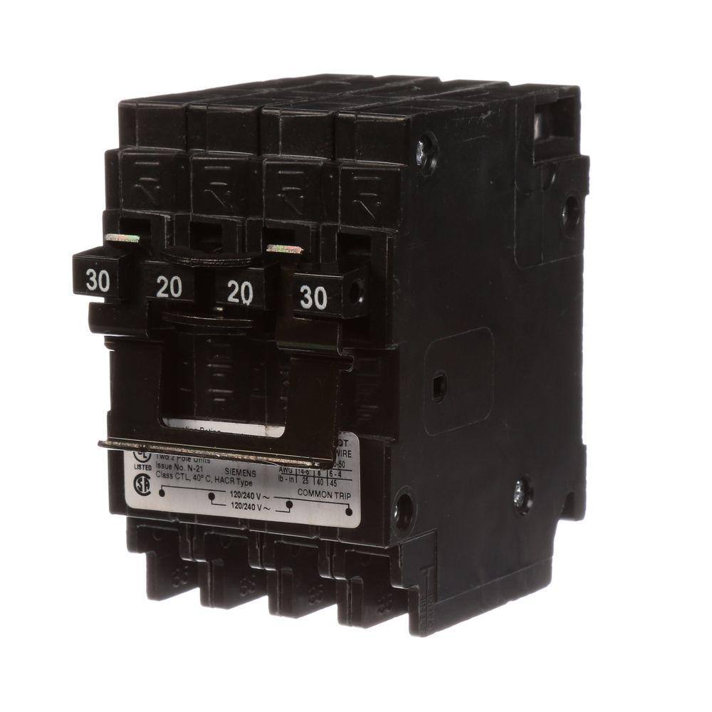 Siemens Quadplex Two Double Pole 30 Amp Outside Two Double Pole 20 Amp Inside Circuit Breaker Q23020CT2U