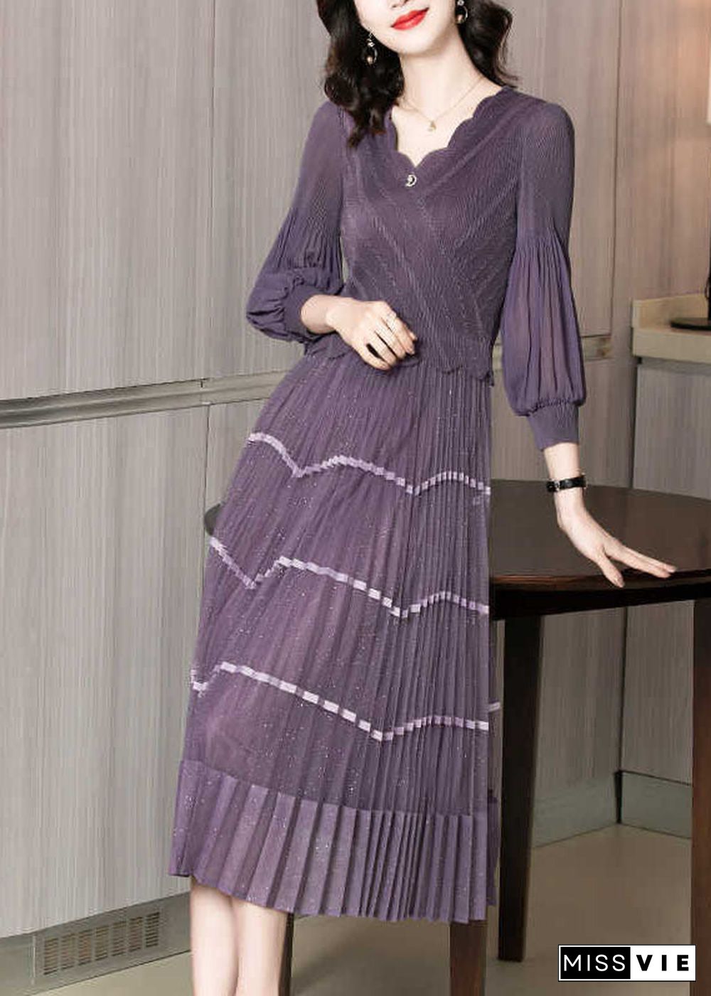 Chic Purple V Neck Patchwork Silk Pleated Dress Long Sleeve