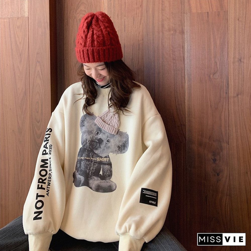 Bear Print Cute Oversized Sweatshirt Korean Loose Plus Velvet Long Sleeve Women Sweetshirts Pullover Womens Clothing Streetwear