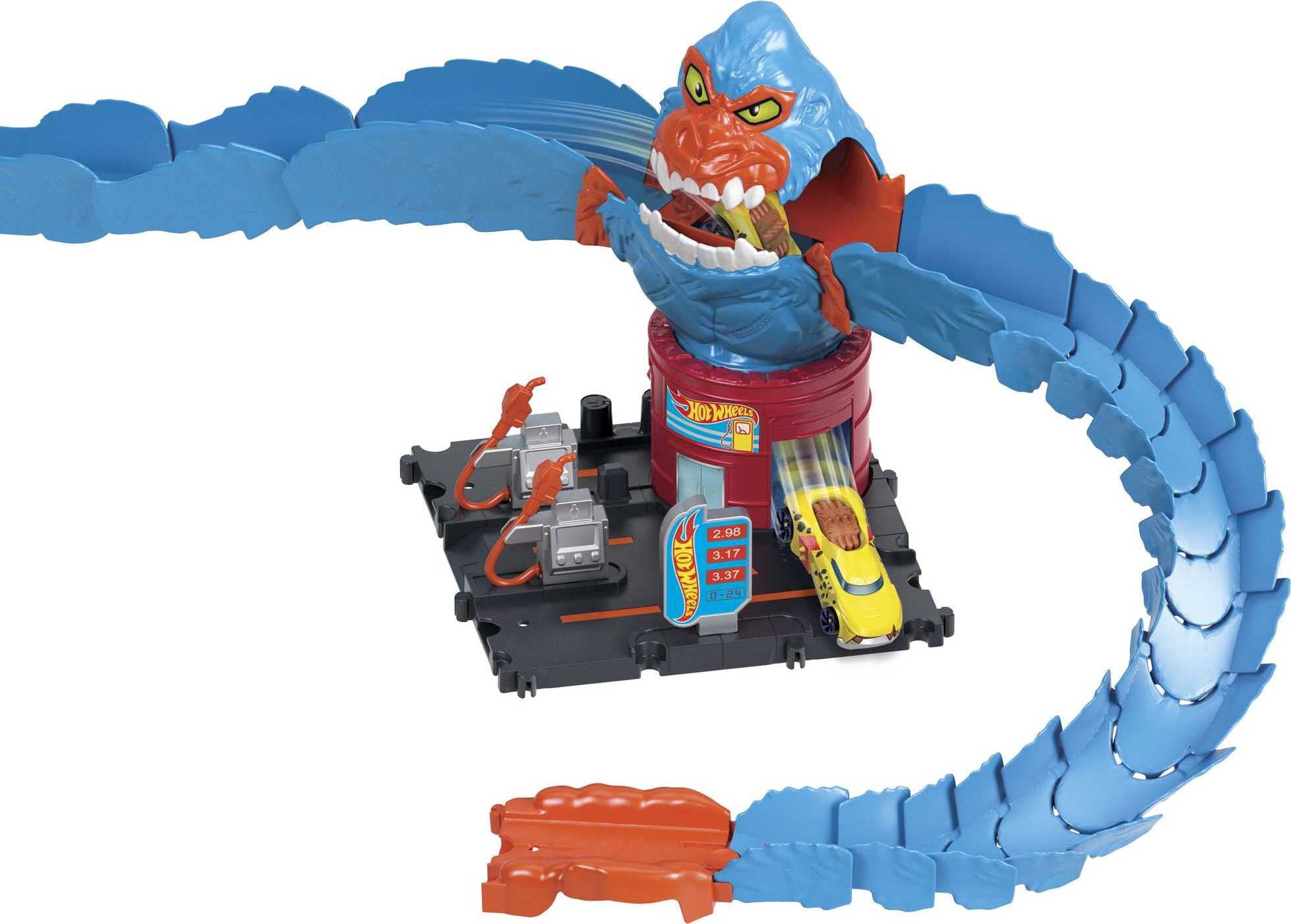 Hot Wheels Wreck and Ride Gorilla Attack Playset， Gas Station Set with 1:64 Scale Toy Car