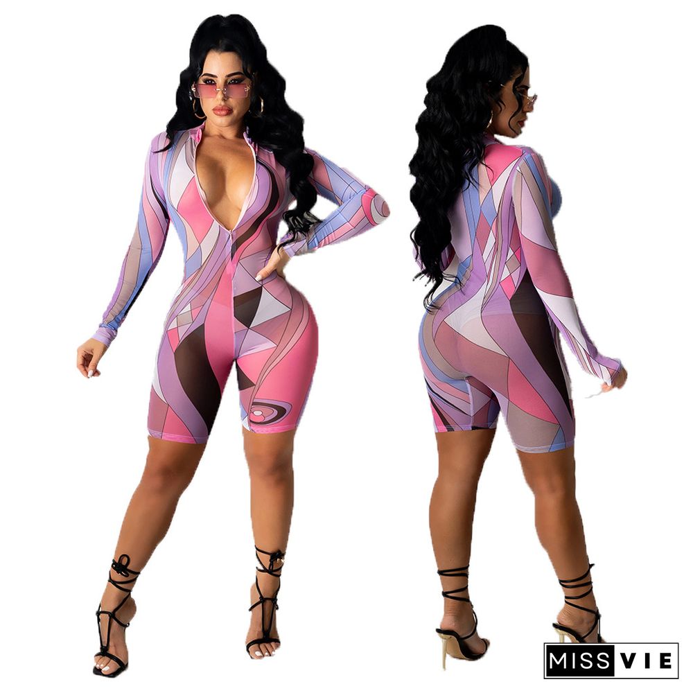 Summer Women Sexy Geometric Printed Mesh Long Sleeve Front Zipper Club Party Bodycon Rompers