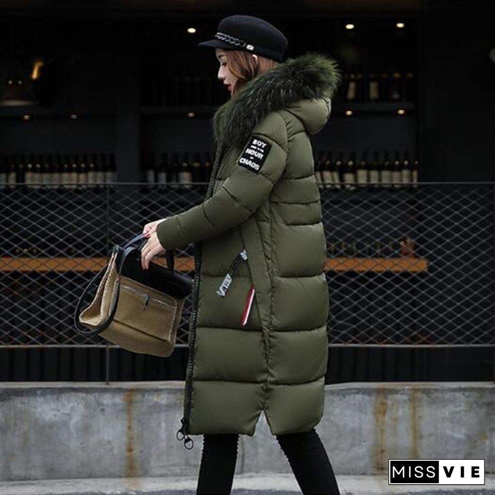 Winter New Woman Hooded Slim Large Fur Collar Long Ladies Cotton Coat Thick Coat Plus Size S-5XL